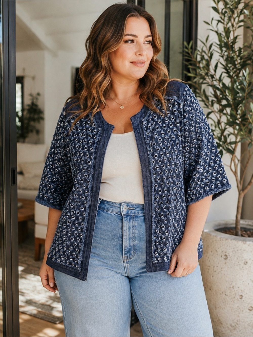 Chico’s Textured Cotton Open Front Jacket Blue Boho Cardigan Size 1 M